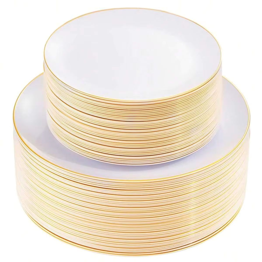 50/36/25/14/12/7/1pc Gold Plastic Plates - White Base With Gold Rim, Elegant Reusable Dessert/Cake/Salad Plates, 7.5"/10.25" (Multiple Quantity Options), Suitable For Outdoor, Birthday Party, Wedding, And Restaurant Christmas Gift