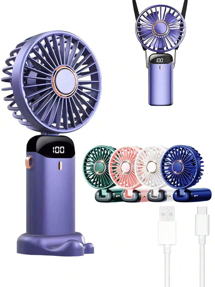 1pc Portable Handheld USB Rechargeable Mini Fan, Neck Hanging Fan, USB Fan, 5 Wind Speeds, With Digital Display And Lanyard, Foldable Desk Fan With Stand, Can Be Used As Phone Holder, Makeup Fan, Suitable For Office, Dorm, Outdoor, Travel, 800mAh